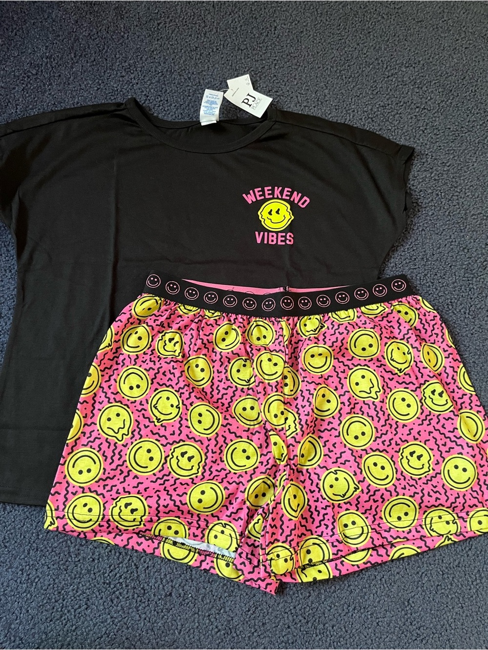 Weekend Vibes Black & Pink Smiley Kids Pajama Set